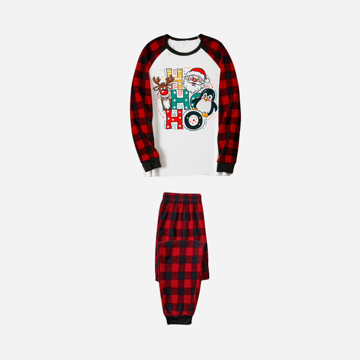 Red and Black Plaid Christmas Pajamas Set With "HO HO HO" Pattern Print