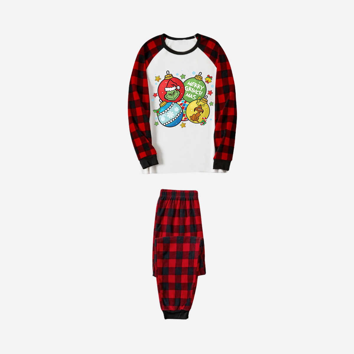Red and Black Plaid Christmas Pajamas Set With Ball Ornaments and Grinch Print