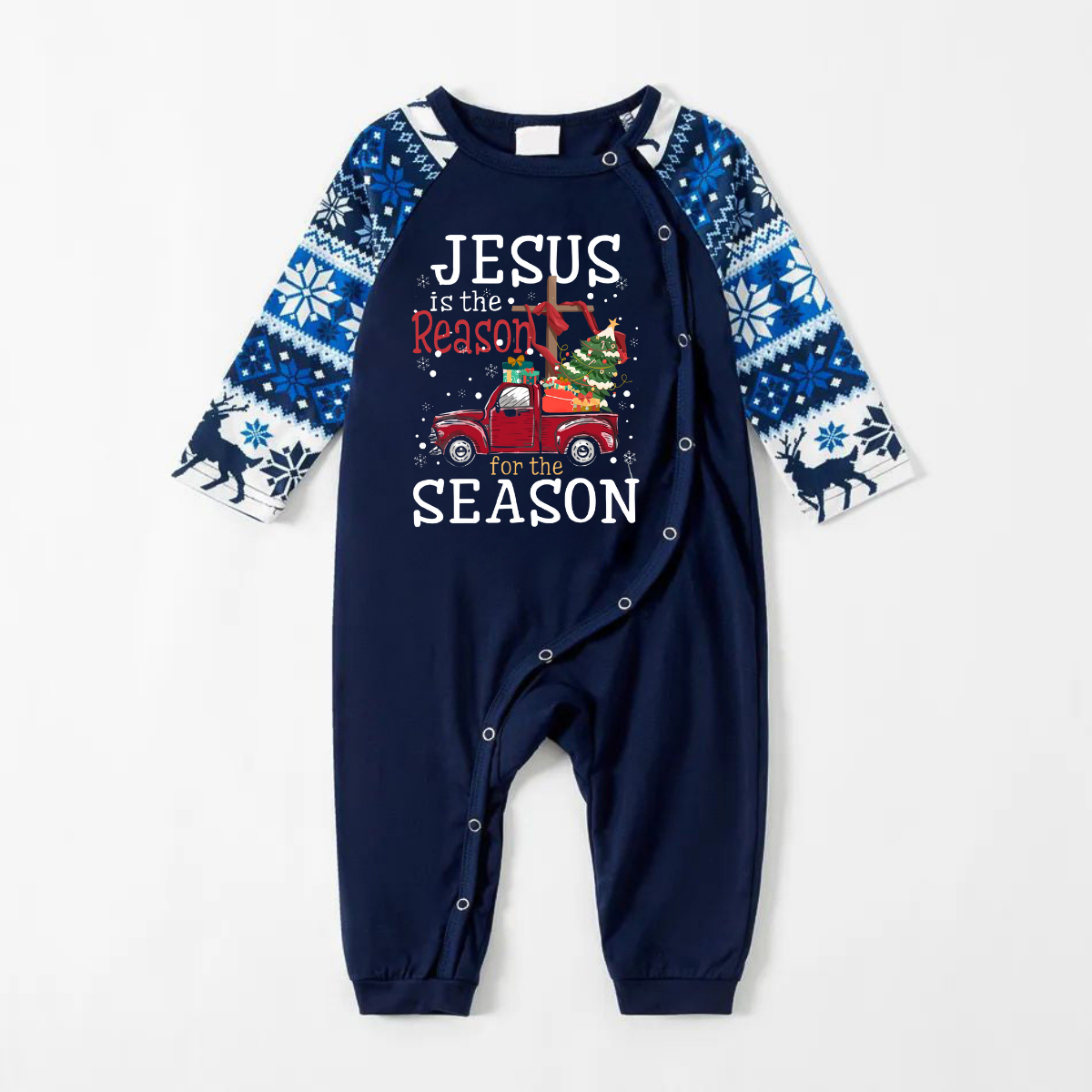 Joyful Blue Christmas Pajamas Set With "Jesus is the Reason for the Season" Text Print