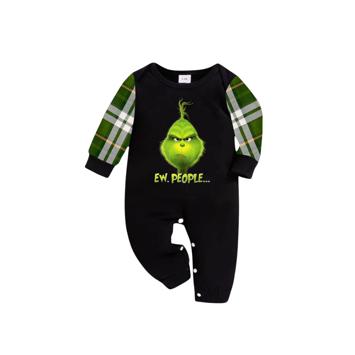 Grinch Ew, People?... Matching Family Christmas Pajamas- Black Tops & Green Plaid Pants