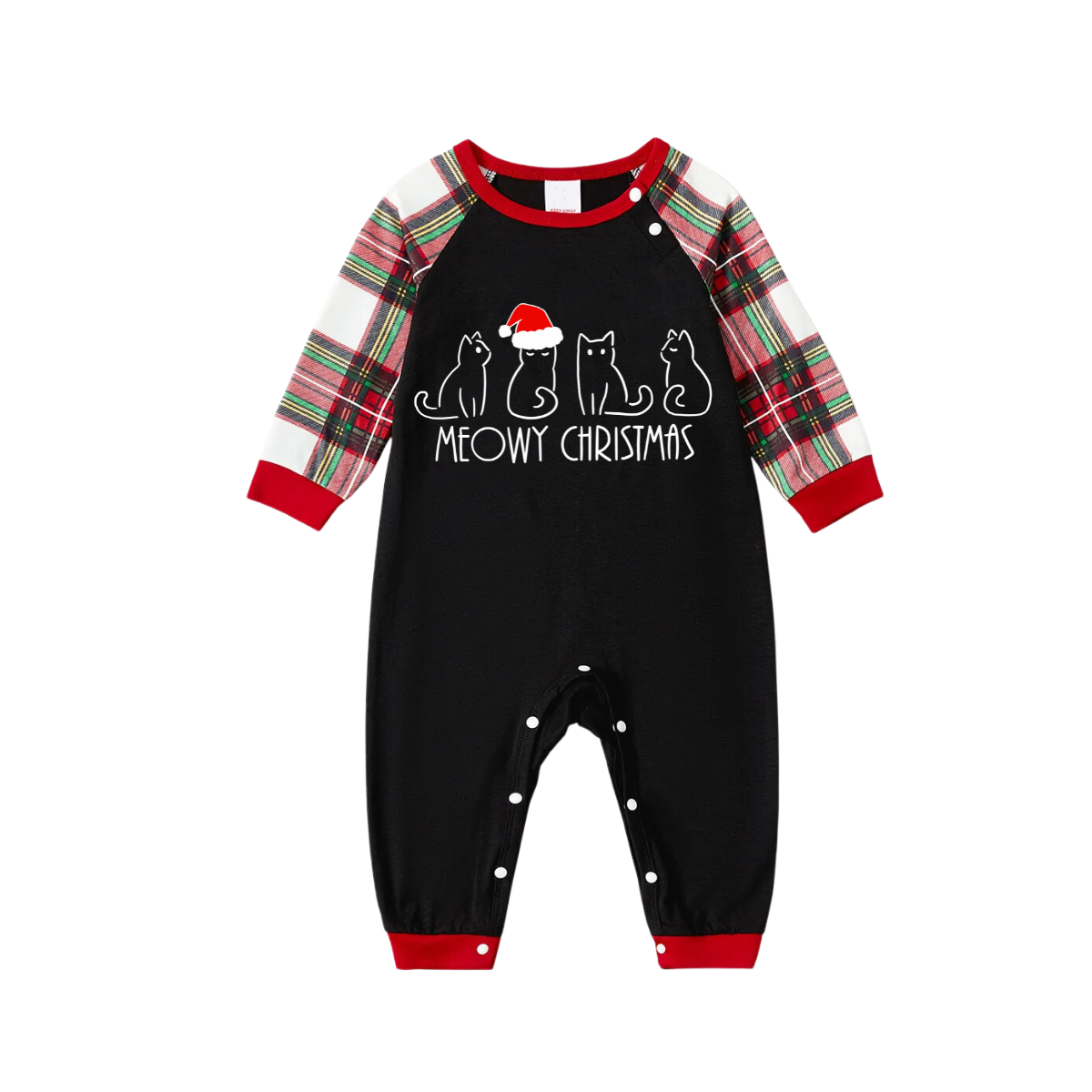 Christmas Cat Print Black Long Sleeve Top with Red & White & Green Plaid Family Matching Pajamas