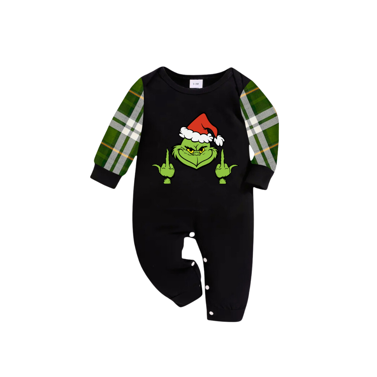 Grinch Santa Middle Finger Family Christmas Pajamas Black Top with Green Plaid Pants