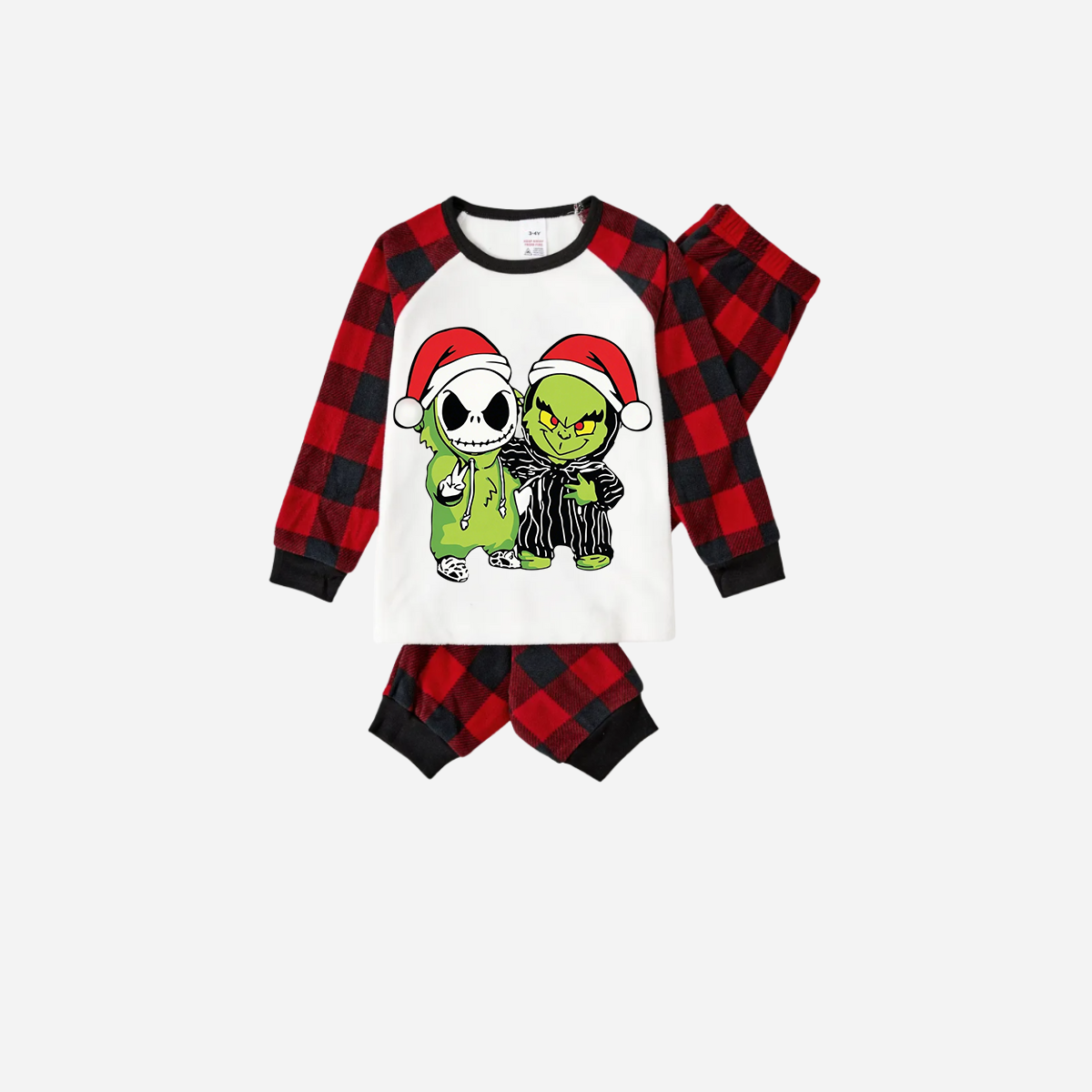 Red and Black Plaid Christmas Pajamas Set With Grinch and Cartoon Pattern Print