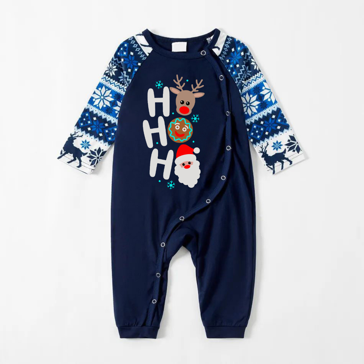 HO HO HO Text and Santa Claus Print Blue Family Christmas Matching Pajamas
