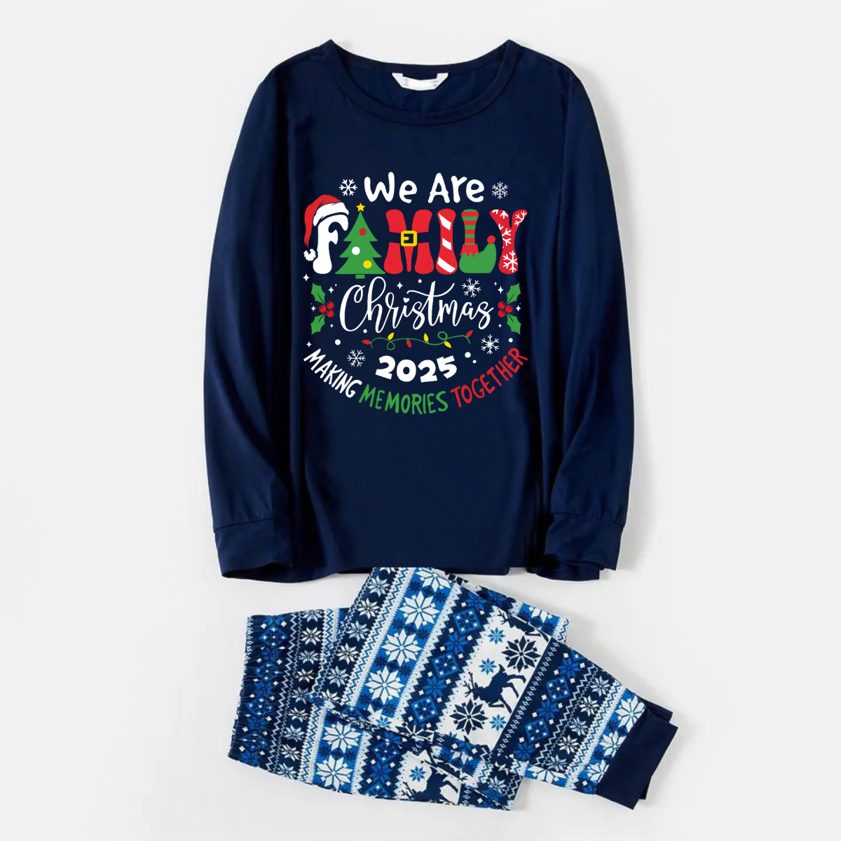 "We are Family 2025 Christmas Make Memories Together" Slogan Print Blue Long Sleeve With Blue Floral Pants Family Matching Pajamas Sets
