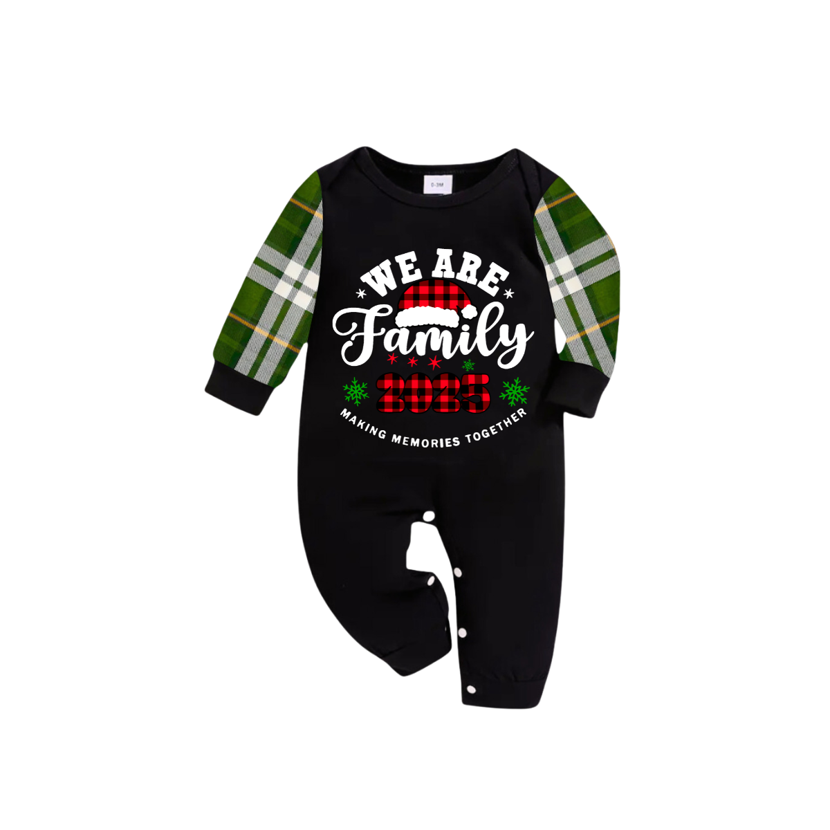 2025 We Are Family Christmas Family Pajamas Set - Black Top / Green Plaid Pants / Green Plaid Sleeves