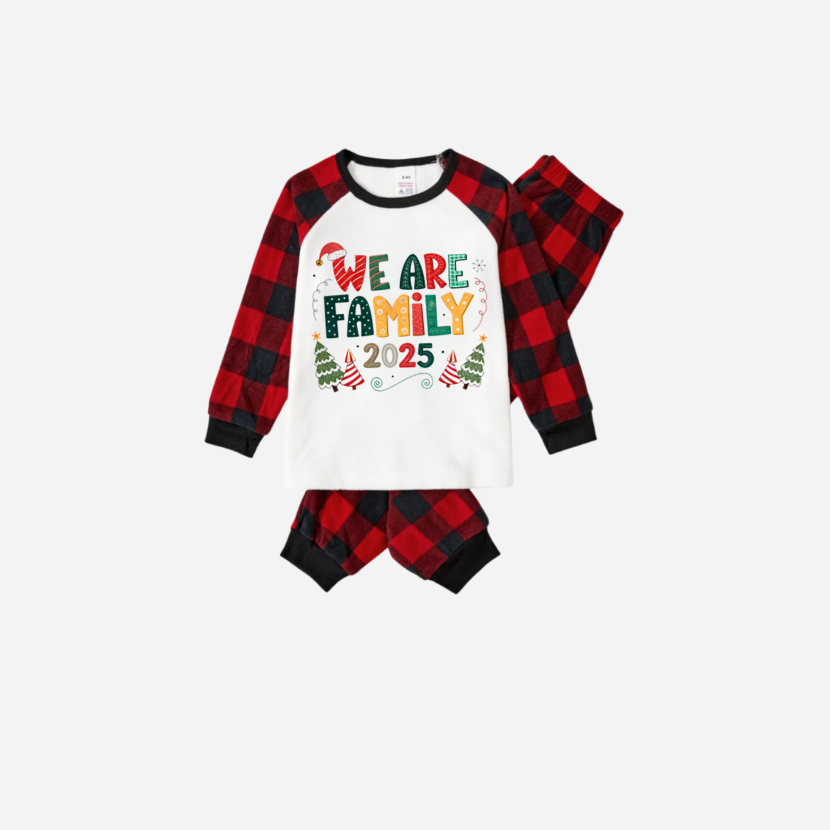 Red and Black Plaid Christmas Pajamas Set With "We are Family" Colorful Text Print