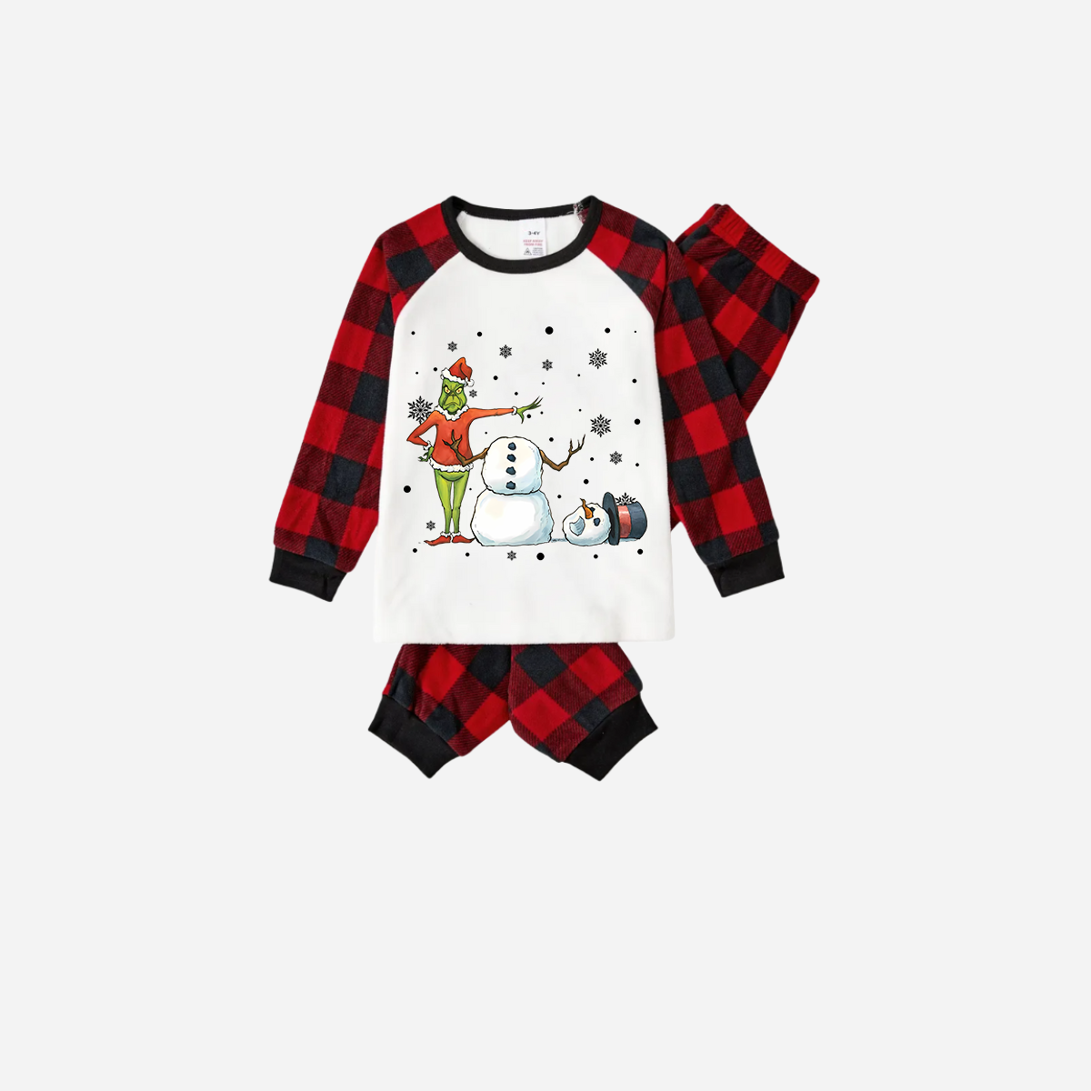 Red and Black Plaid Christmas Pajamas Set With Snowman and Christmas Grinch Print