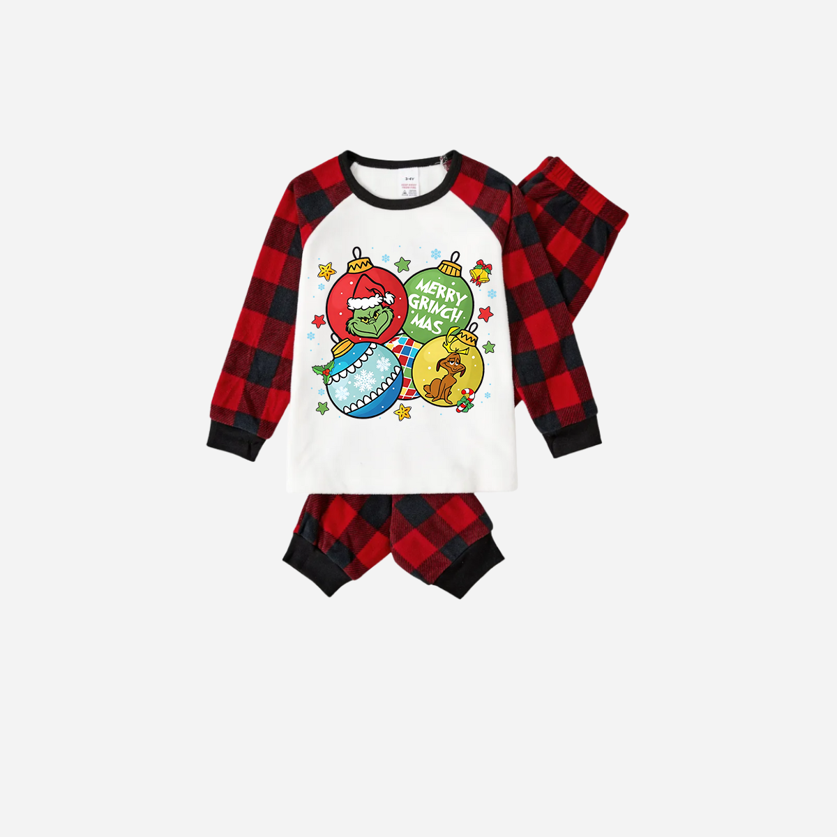 Red and Black Plaid Christmas Pajamas Set With Ball Ornaments and Grinch Print