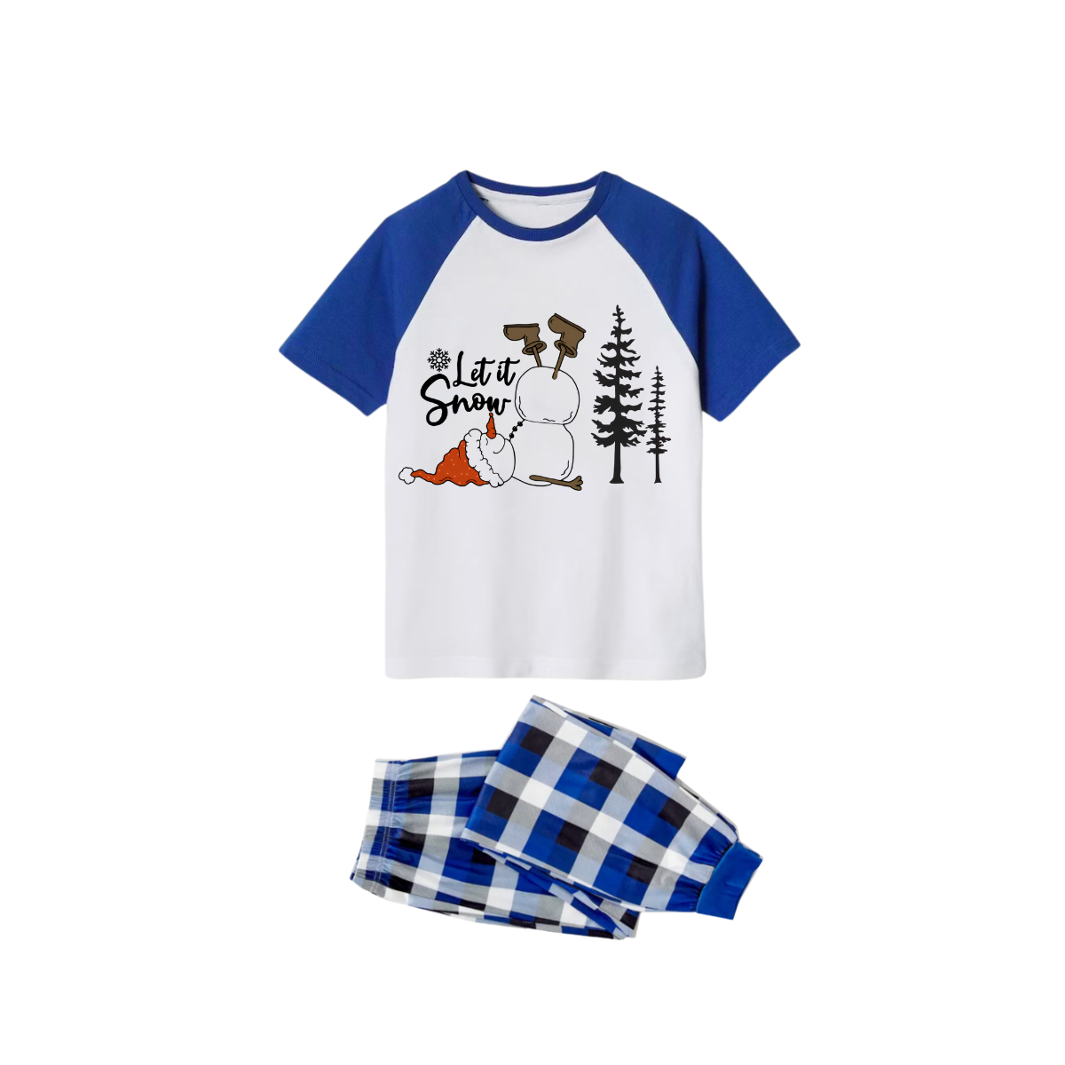Let It Snow Family Pajamas Set - White Top Blue Sleeves Blue Plaid Pants Christmas Snowman Graphic