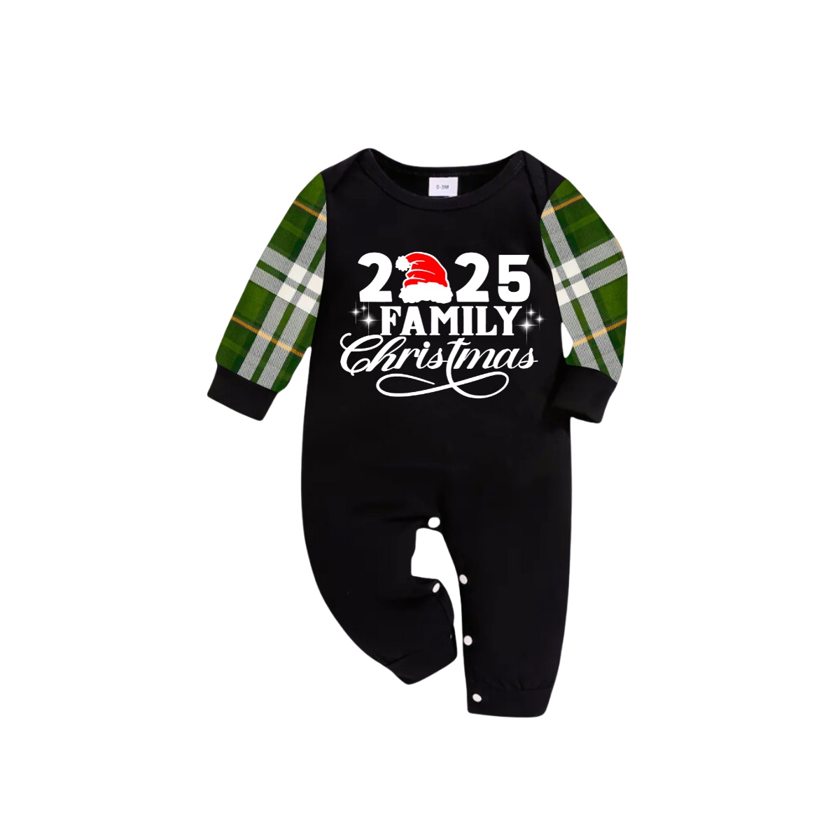 Christmas 2025 Family Matching Family Pajamas Set - Black Top, Green Pants, Plaid Pattern