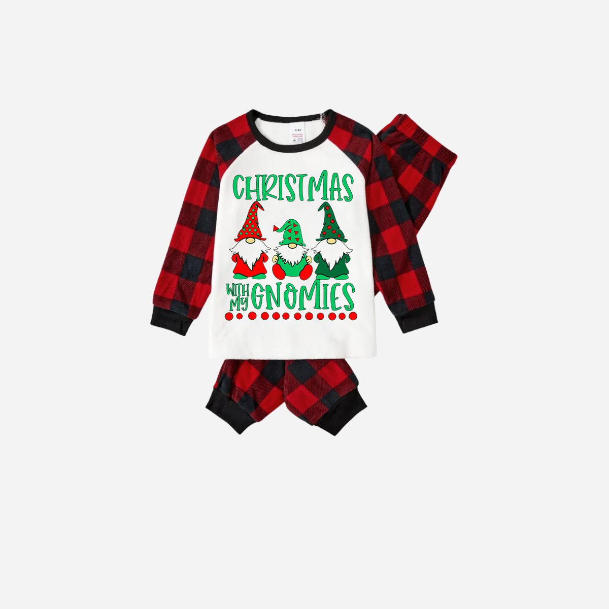 Red and Black Plaid Christmas Pajamas Set With "Christmas With My Gnomies" Text Print
