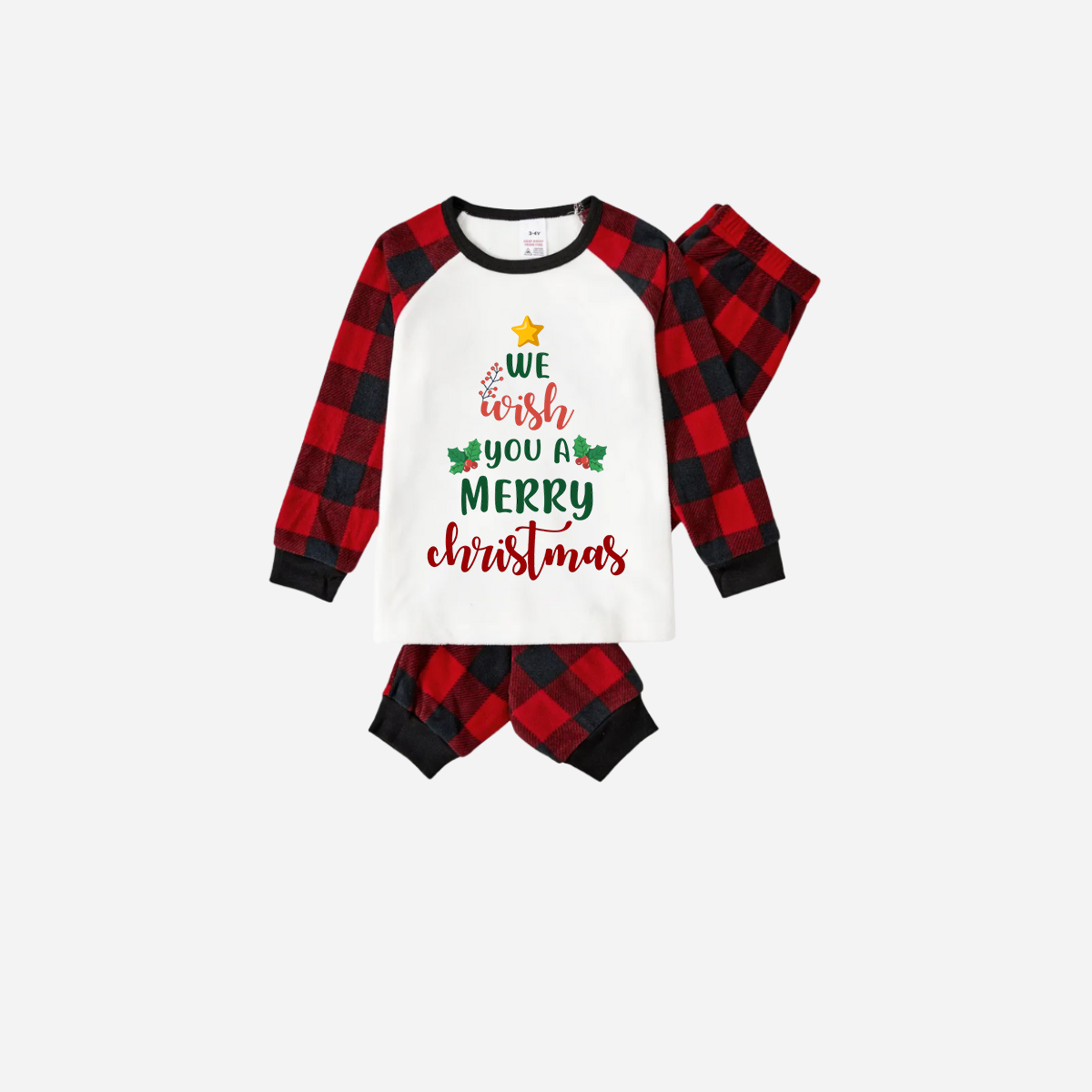 Red and Black Plaid Christmas Pajamas Set With "We Wish You a Merry Christmas" Text Print