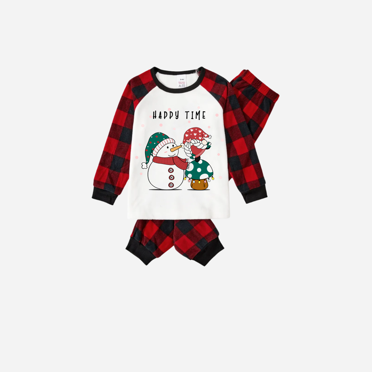 Red and Black Plaid Christmas Pajamas Set With Snowman and Gnome and "Happy Time" Text Print