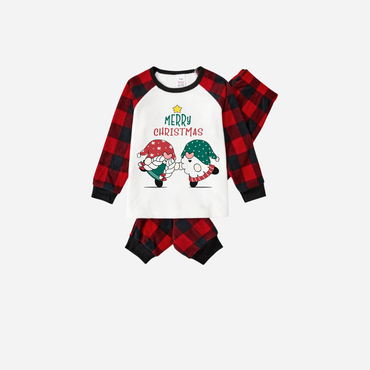 Red and Black Plaid Christmas Pajamas Set With Gnome and Merry Christmas Text Print