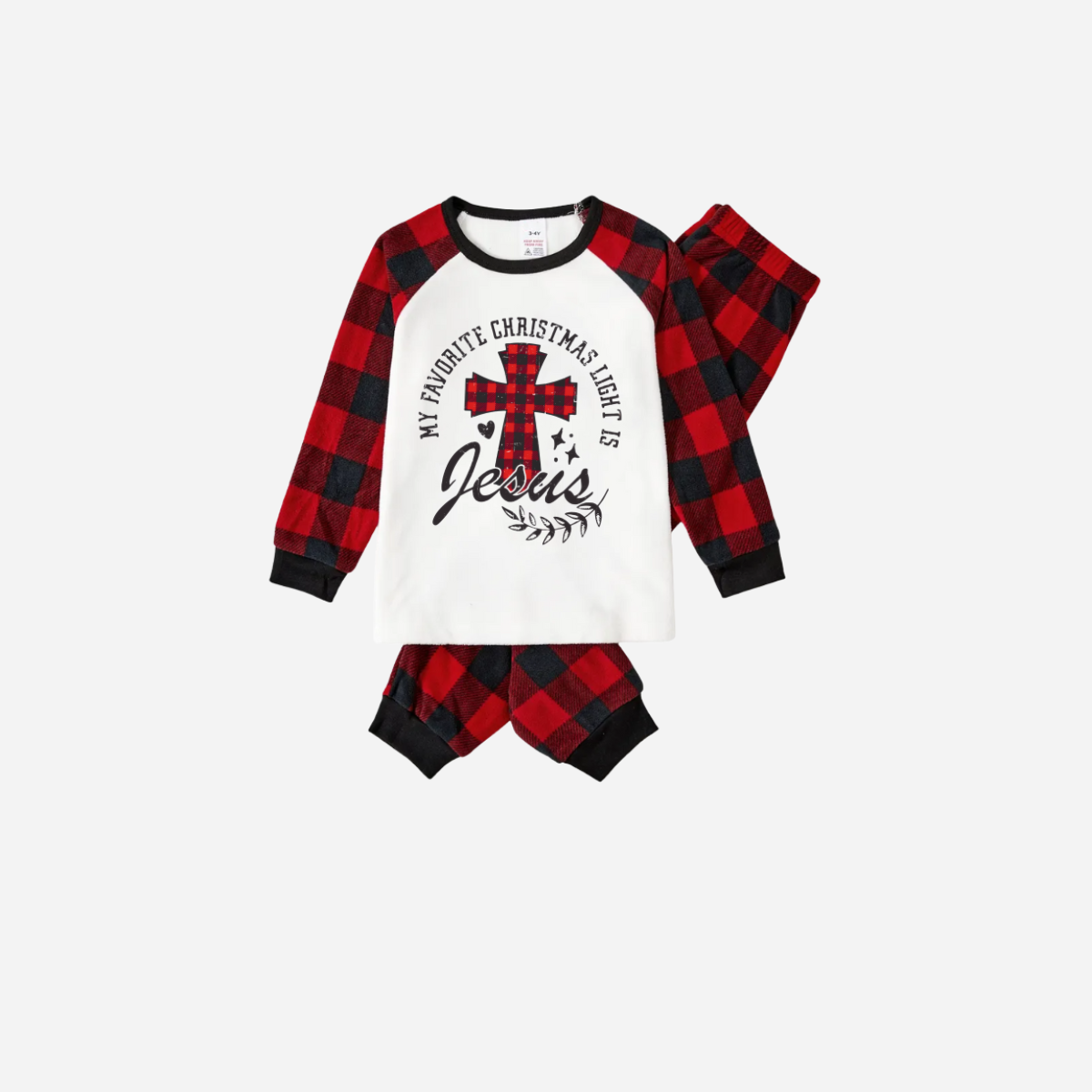My Favorite Christmas Light Is Jesus Family Christmas Pajamas Set - White Top with Red Plaid Sleeves and Red Plaid Pants