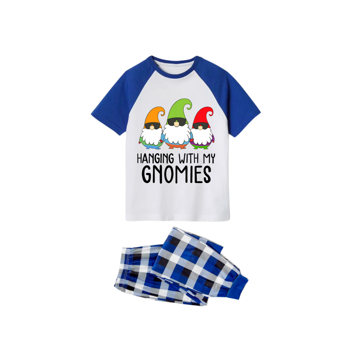 Hanging With My Gnomies Family Pajamas Set - White Top Blue Sleeves Blue Plaid Pants Colorful Gnomes Graphic
