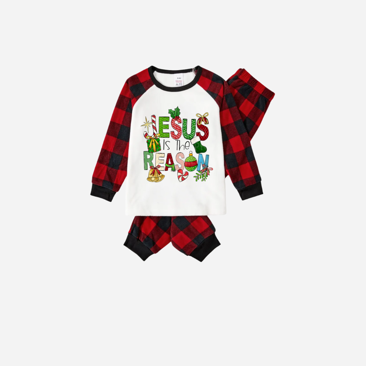 Christmas Cartoon Family Christmas Pajamas Set - White Top with Red Plaid Sleeves and Red Plaid Pants and “Jesus is the Reason” Design