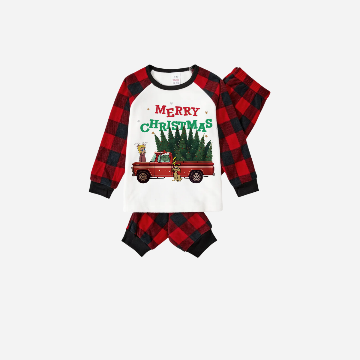 Red and Black Plaid Christmas Pajamas Set With "Merry Christmas" and Christmas Tree Print