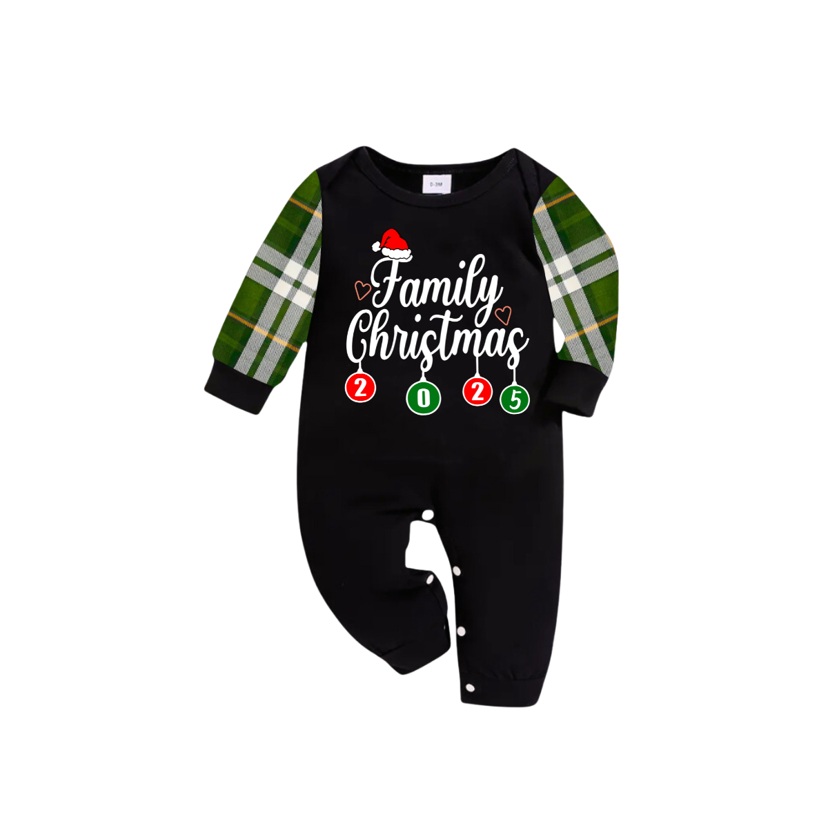 Family Christmas 2025 Pajamas Set - Black Top / Green Plaid Sleeves & Pants / Santa Hat Print