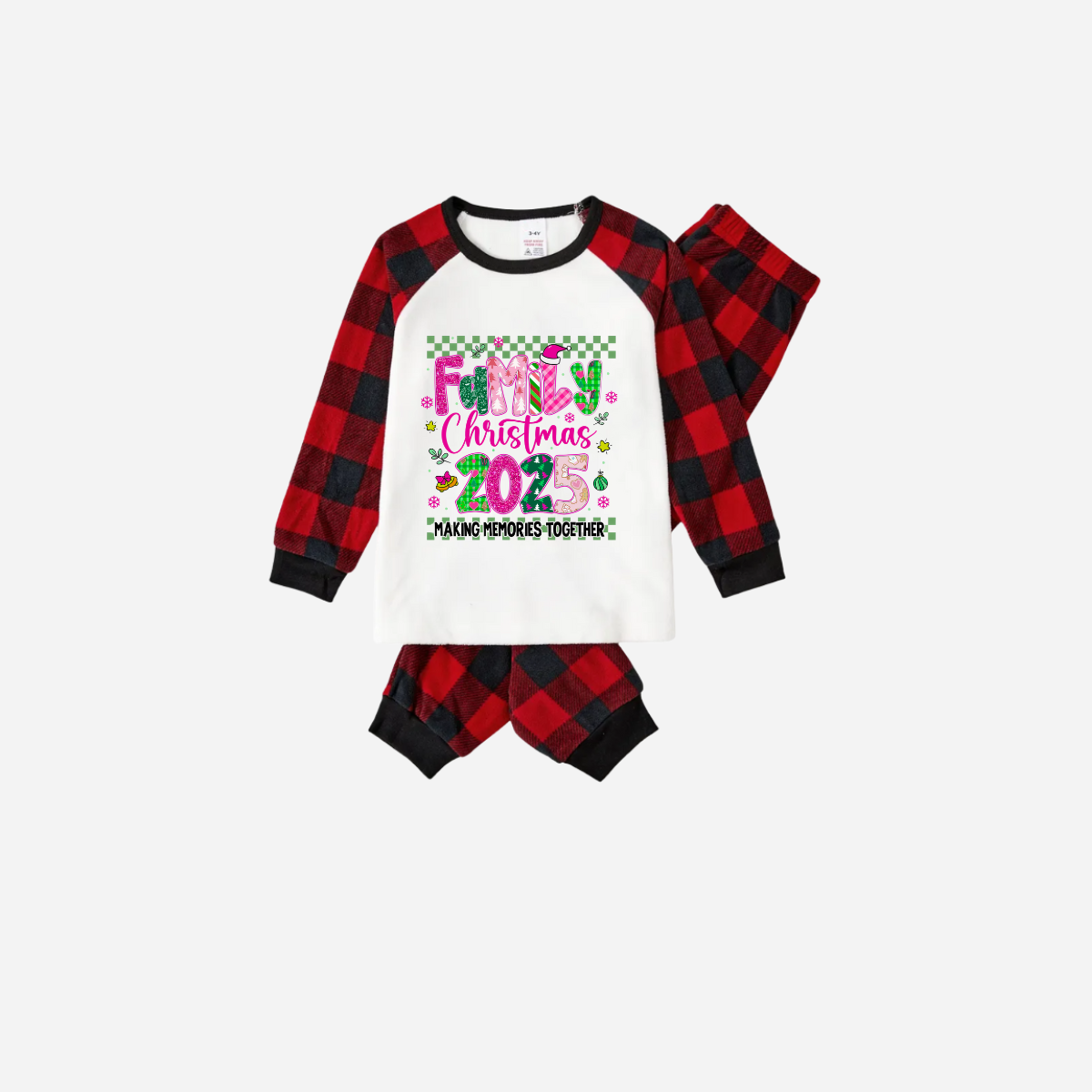 "Family Christmas 2025" Faux Glitter Black and Red Raglan Sleeves Christmas Pajamas Set