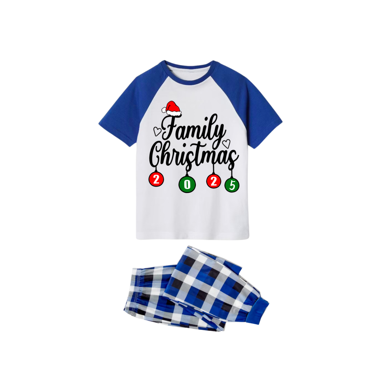 Family Christmas 2025 Family Pajamas Set - White Top Blue Sleeves Blue Plaid Pants Santa Hat and Heart Graphic