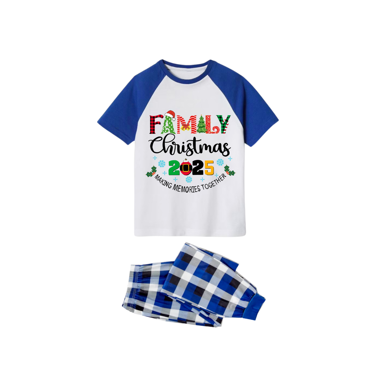 Family Christmas 2025 Making Memories Together Pajamas Set - White Top Blue Sleeves Blue Plaid Pants Multi-Color Text Graphic