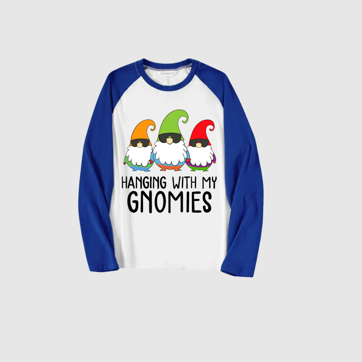 Hanging With My Gnomies Family Pajamas Set - White Top, Blue Plaid Pants, Blue Solid Sleeves, Gnomes Print