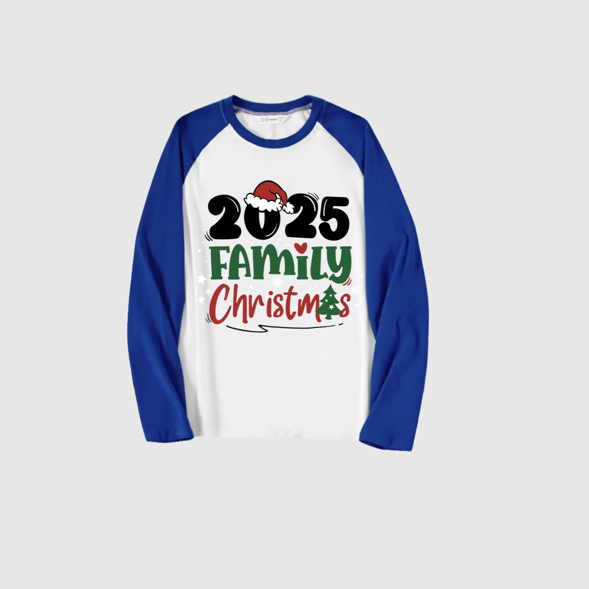 Merry Christmas 2025 Family Pajamas Set - White Top, Blue Plaid Pants, Solid Blue Sleeves, Santa Hat & Christmas Tree Print
