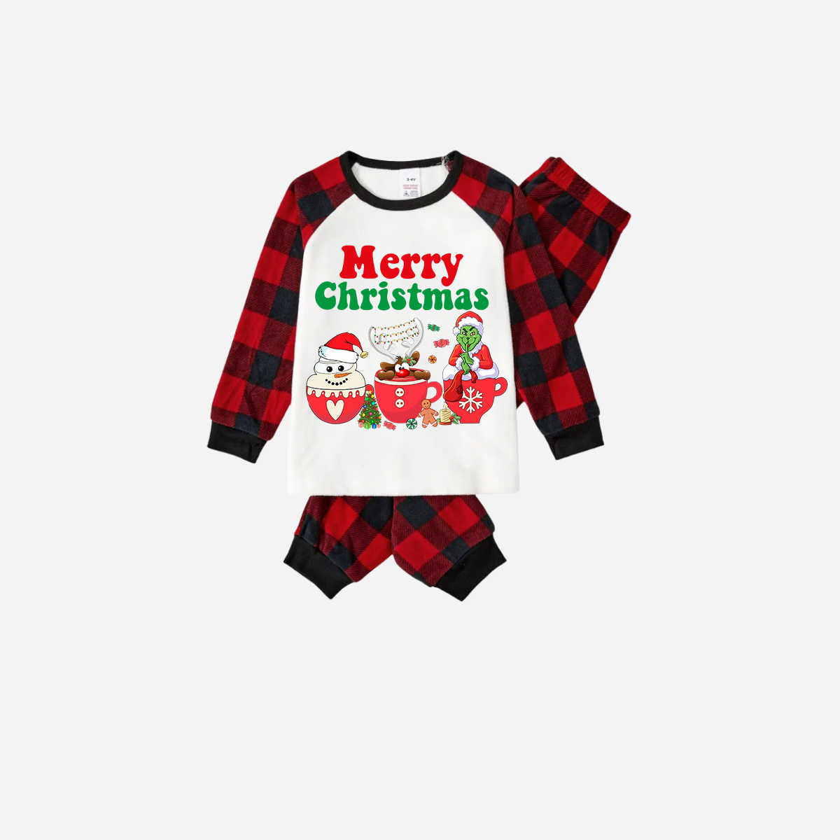 Red and Black Plaid Christmas Pajamas Set With "Merry Christmas" and Cartoon Pattern Print