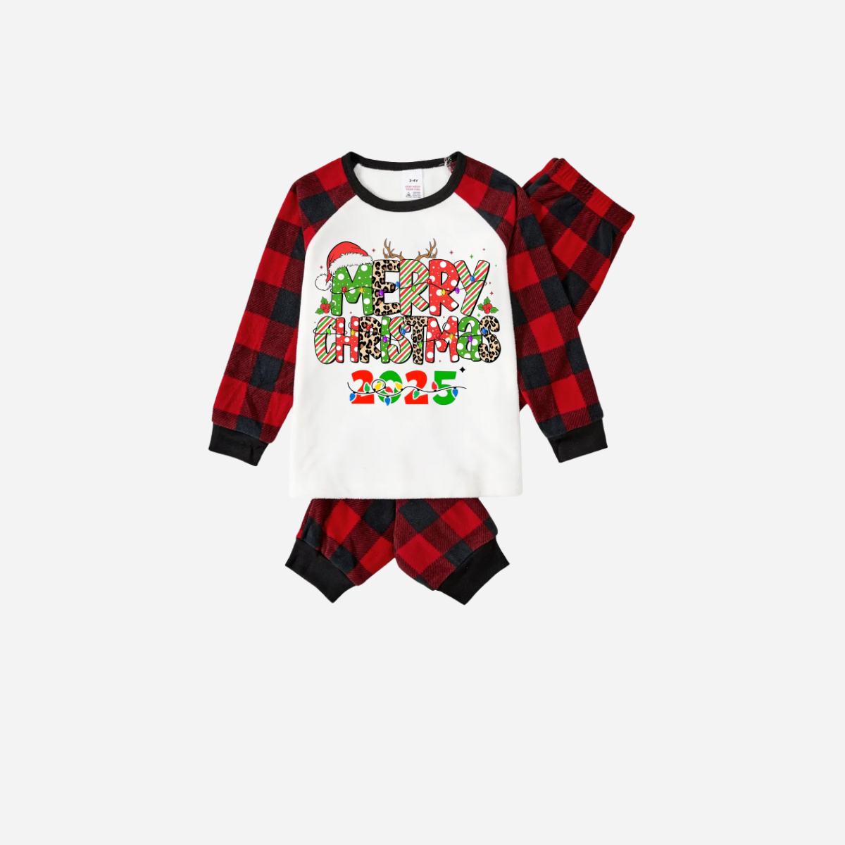 Merry Christmas 2025 Family Christmas Pajamas Set - White Top with Red Plaid Sleeves and Red Plaid Pants