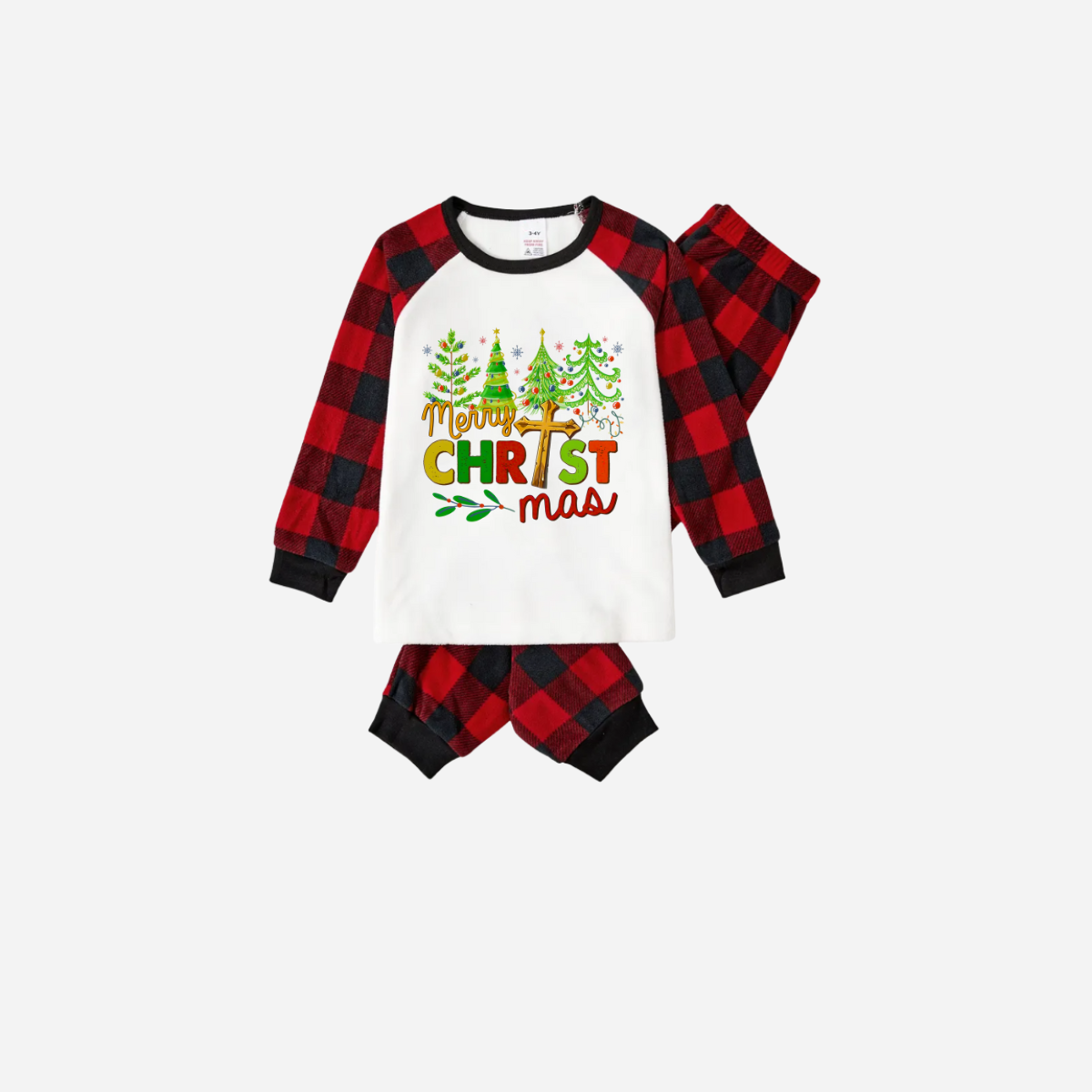 Merry Christmas Trees Family Christmas Pajamas Set - White Top with Red Plaid Sleeves and Red Plaid Pants