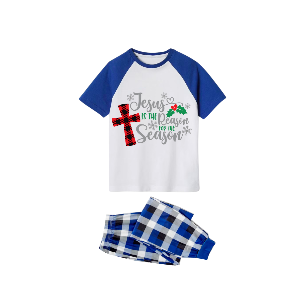 Jesus is the Reason Family Christmas Pajamas Set - White Top, Blue Plaid Pants, Blue Sleeves, Red Plaid Cross and Holly Print