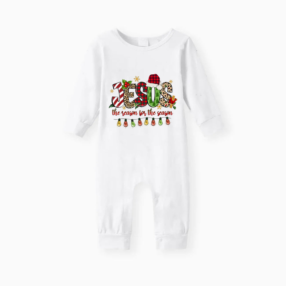 Christmas Light and Jesus Text Printed Red and Green Plaid Christmas Pajama Set