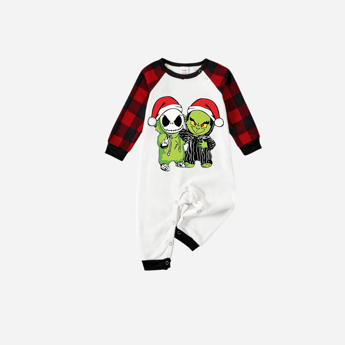 Red and Black Plaid Christmas Pajamas Set With Grinch and Cartoon Pattern Print