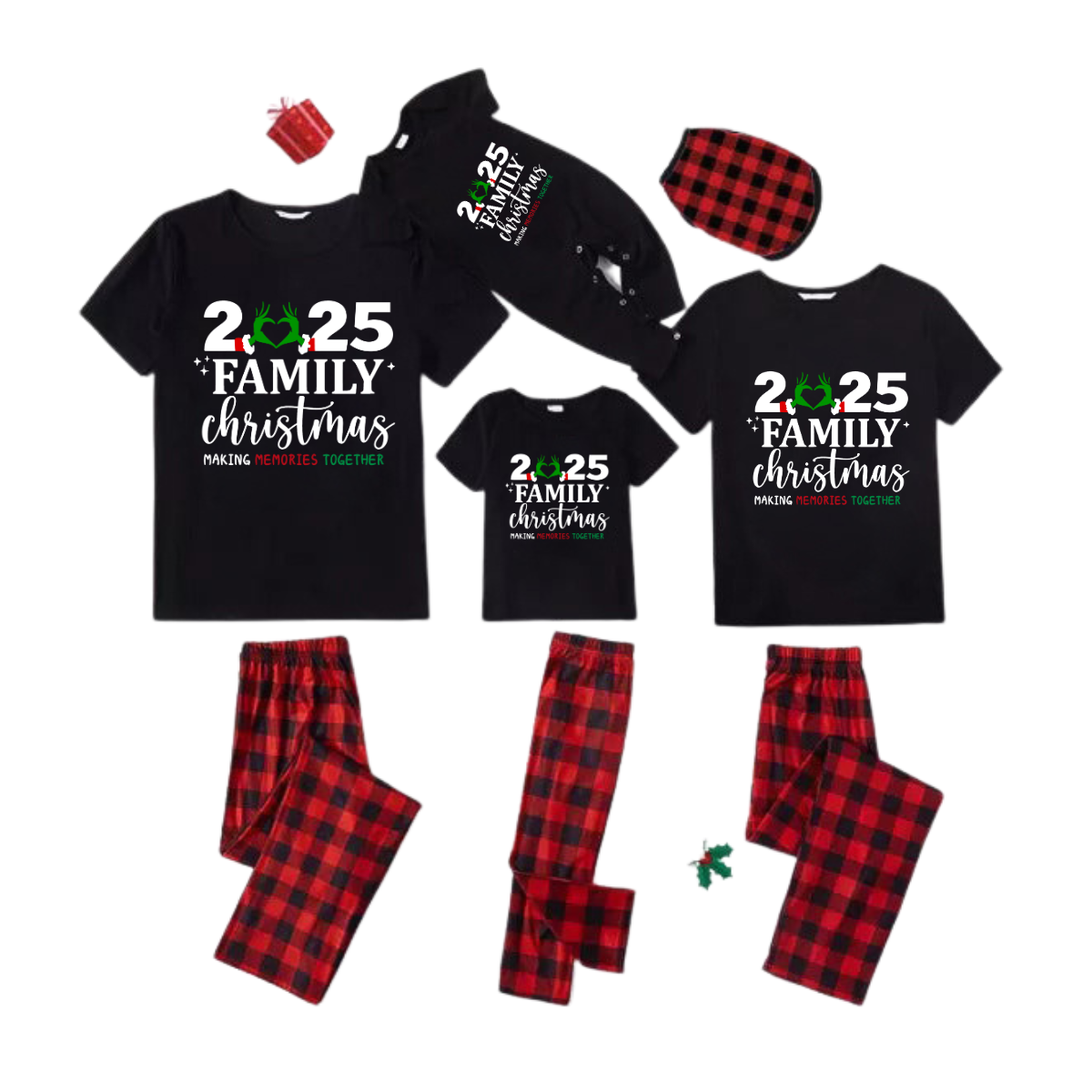 "2025 Family Christmas" Quirky Heart Letter Print Black Short Sleeve with Red & Black Plaid Pant Family Matching Pajamas