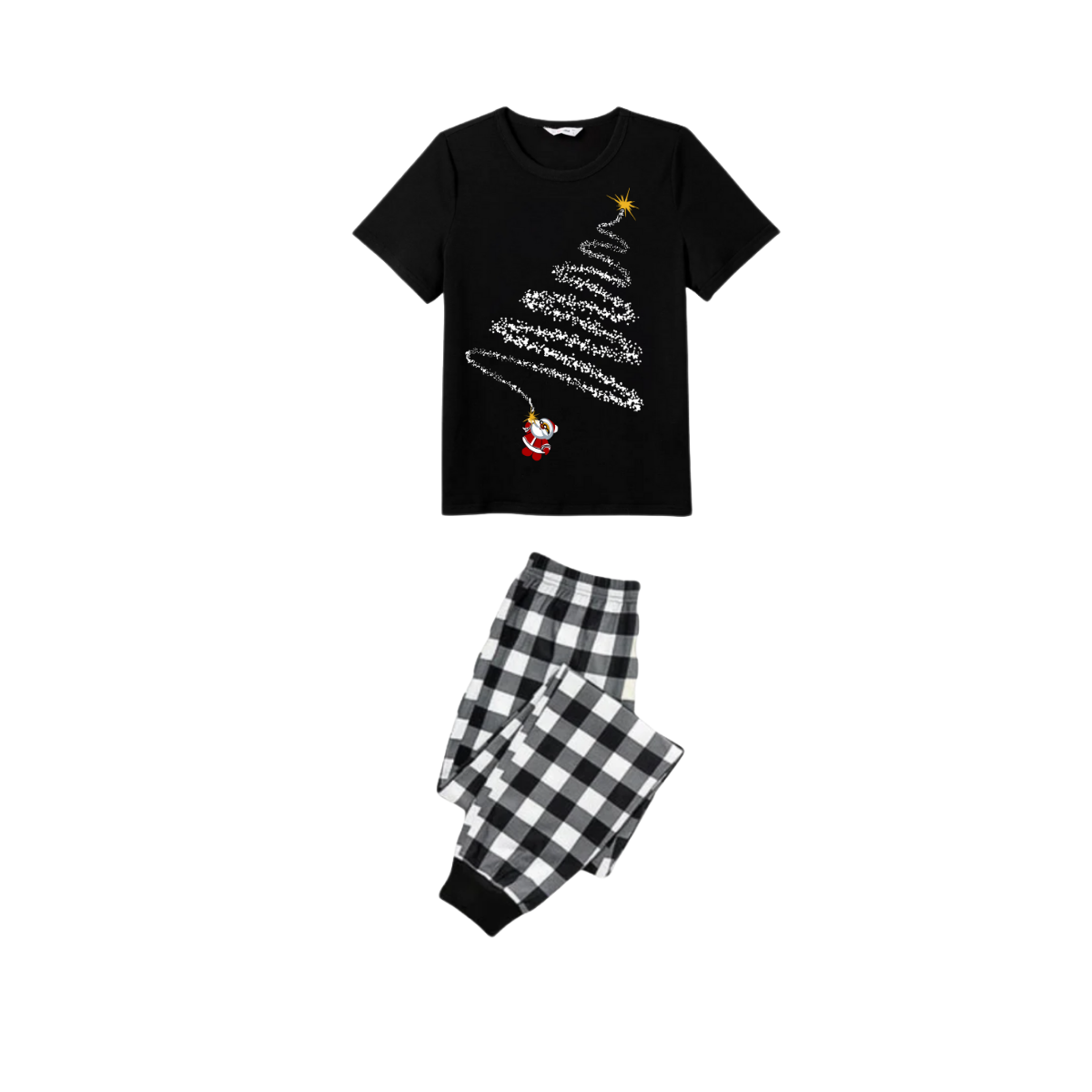 Santa Climbing Christmas Tree Family Pajamas Set - Black Top Black and White Plaid Pants White Tree Graphic