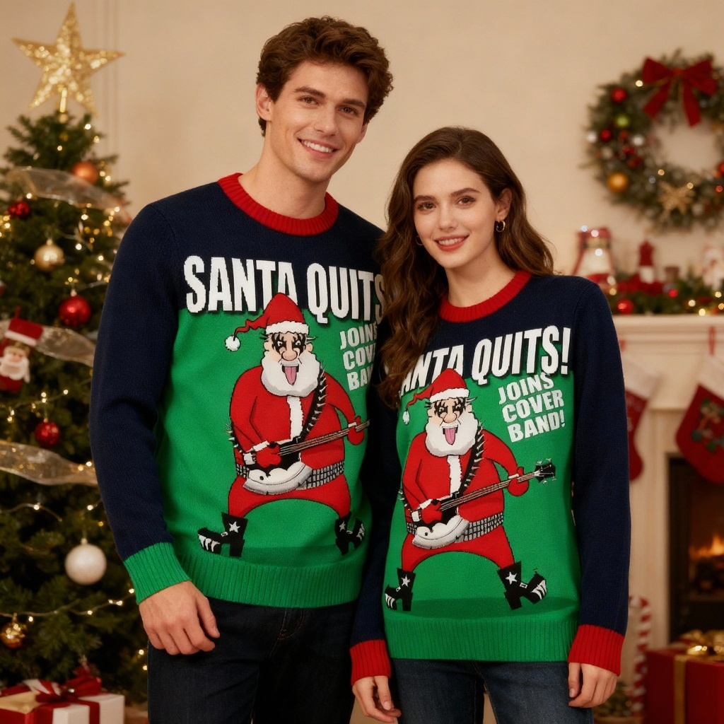 Rock Santa Print Holiday Sweater - Intentional Festive Quirk