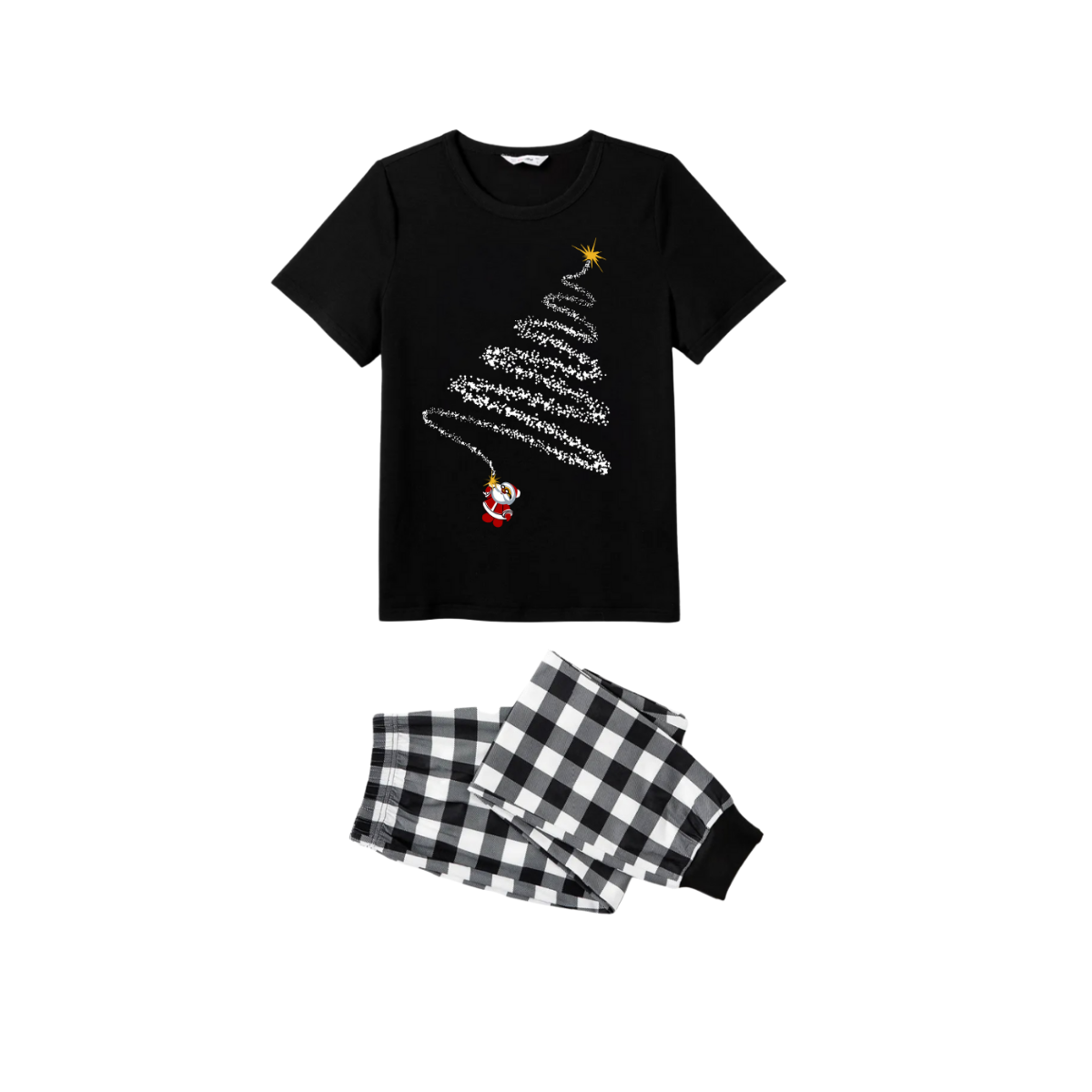 Santa Climbing Christmas Tree Family Pajamas Set - Black Top Black and White Plaid Pants White Tree Graphic