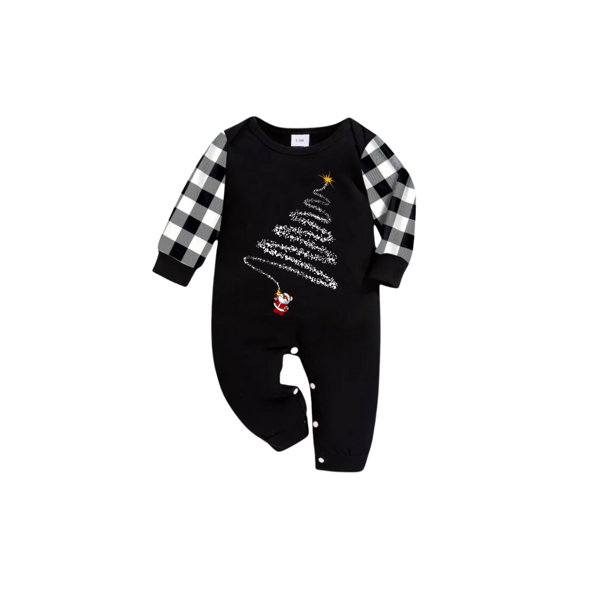 Santa Climbing Christmas Tree Family Pajamas Set - Black Top Black and White Plaid Pants White Tree Graphic
