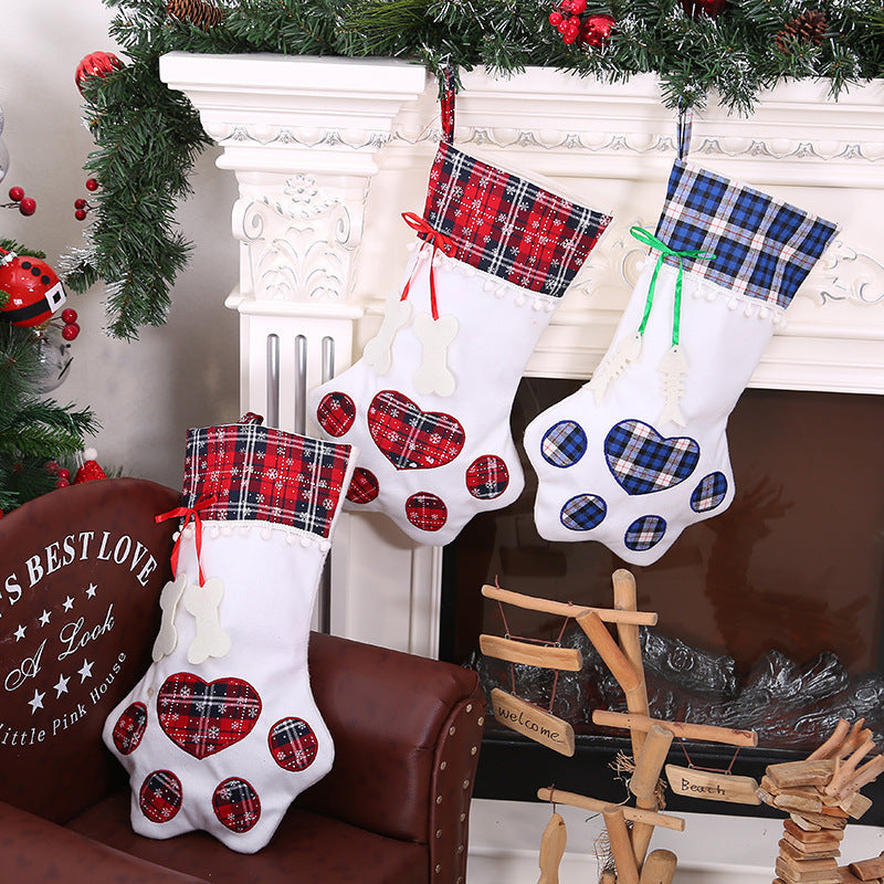 Christmas Tree Ornaments Love Dog Paw Red/Blue Plaid Christmas Stocking