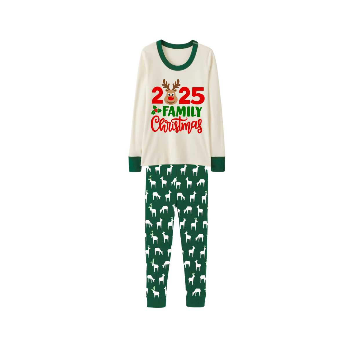 Green Cute Deer Print Christmas Pajamas Set With Deer and "2025 Family Christmas" Text Print