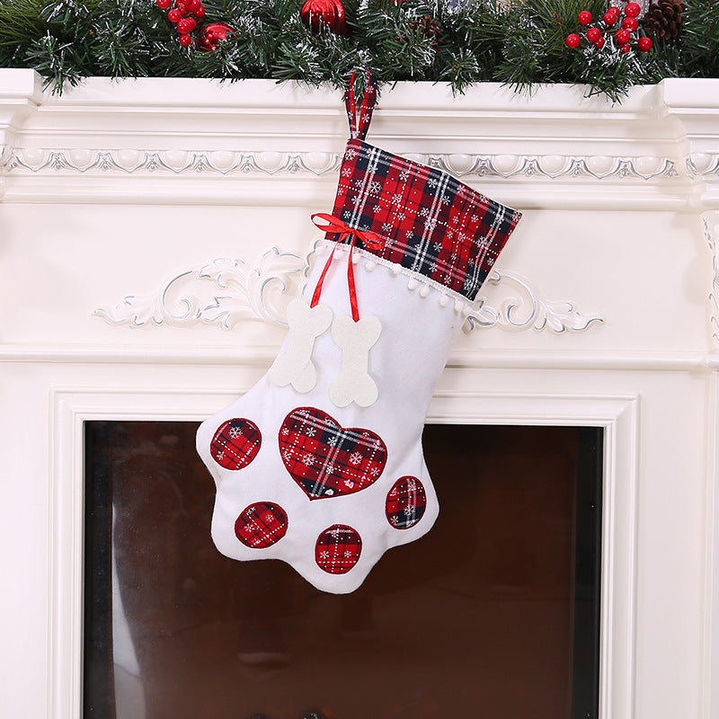 Christmas Tree Ornaments Love Dog Paw Red/Blue Plaid Christmas Stocking