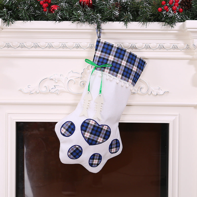 Christmas Tree Ornaments Love Dog Paw Red/Blue Plaid Christmas Stocking
