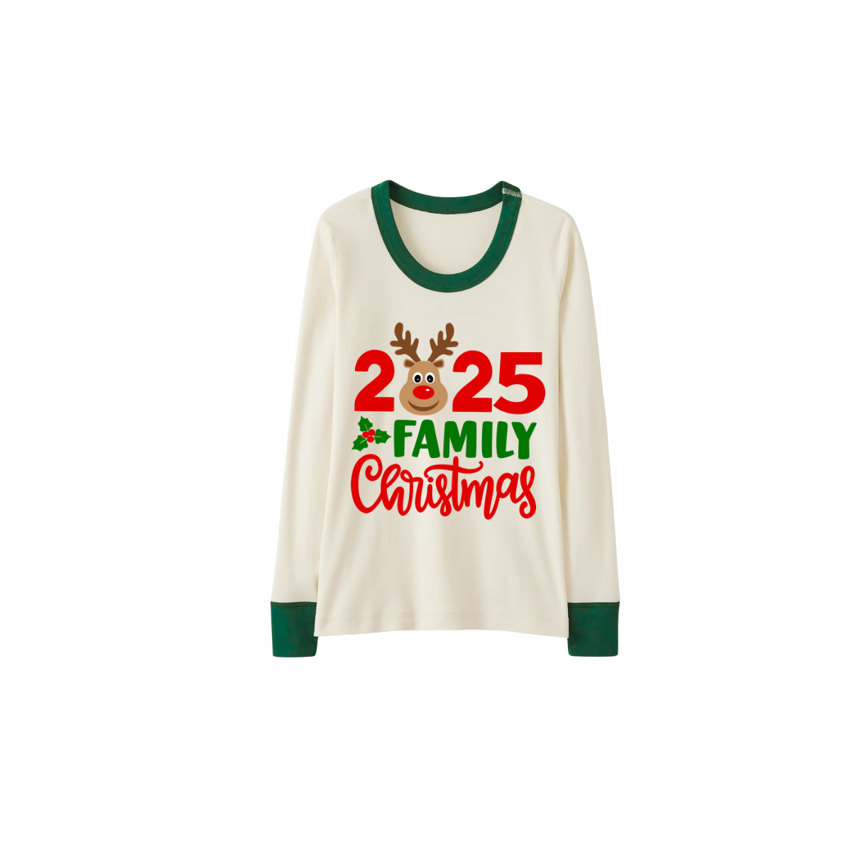 Green Cute Deer Print Christmas Pajamas Set With Deer and "2025 Family Christmas" Text Print