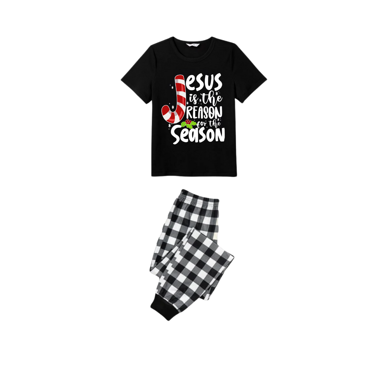 Jesus Is The Reason For The Season Family Christmas Pajamas Set - Black Top Black and White Plaid Pants White Graphic Text