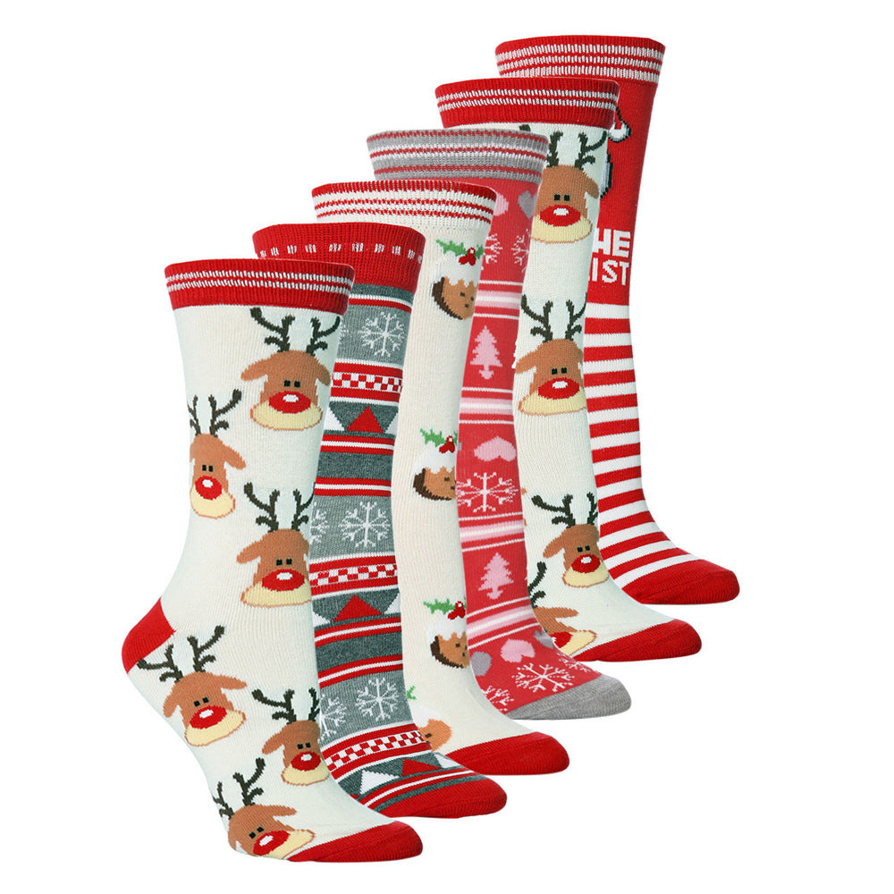 Christmas New Elk Santa Claus Snowflake Triangle Love Bell Long Cotton Socks 3/6Pairs