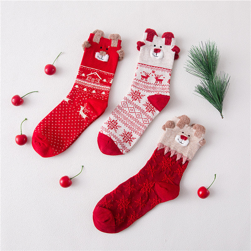 Women Christmas Socks Cute Cartoon Elk Socks 3 Pairs EJ518
