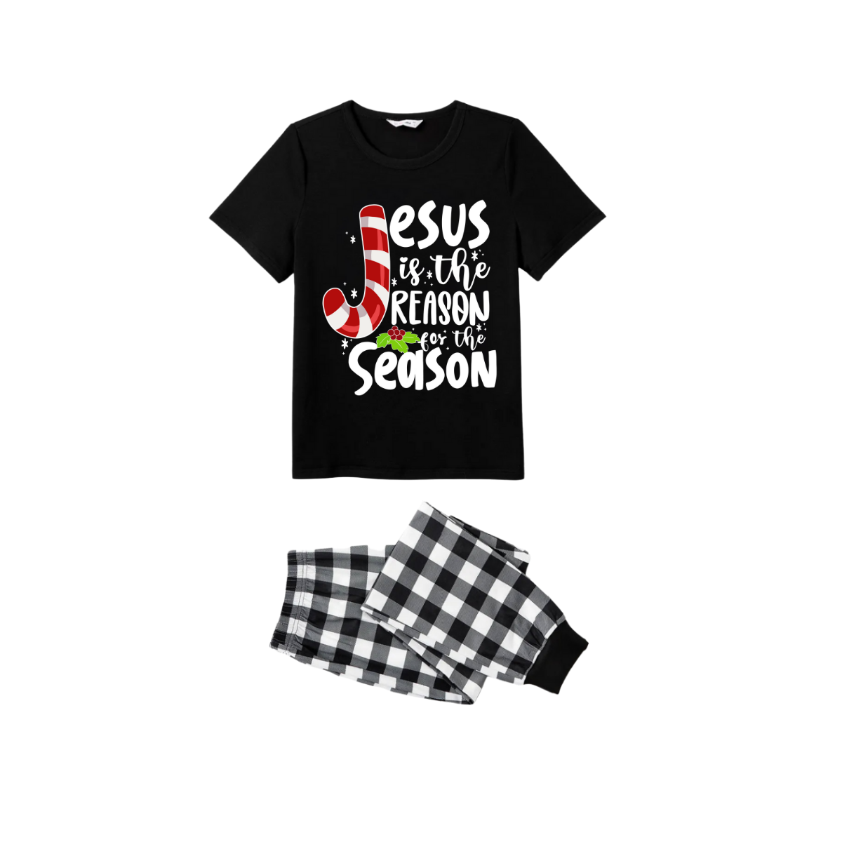 Jesus Is The Reason For The Season Family Christmas Pajamas Set - Black Top Black and White Plaid Pants White Graphic Text