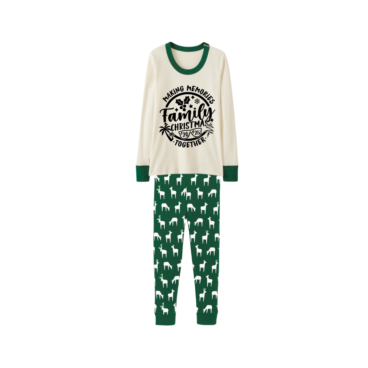 Green Cute Deer Print Christmas Pajamas Set With "Making Memories Together Family Christmas 2025 " Text Print